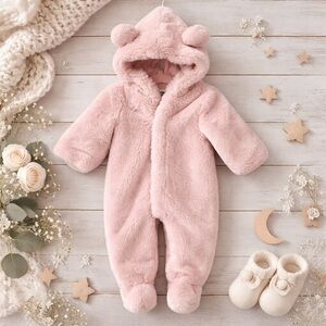 Janie and Jack Pink Faux Fur Baby Bunting Snowsuit Bear Ears 0-3M Pram Footie